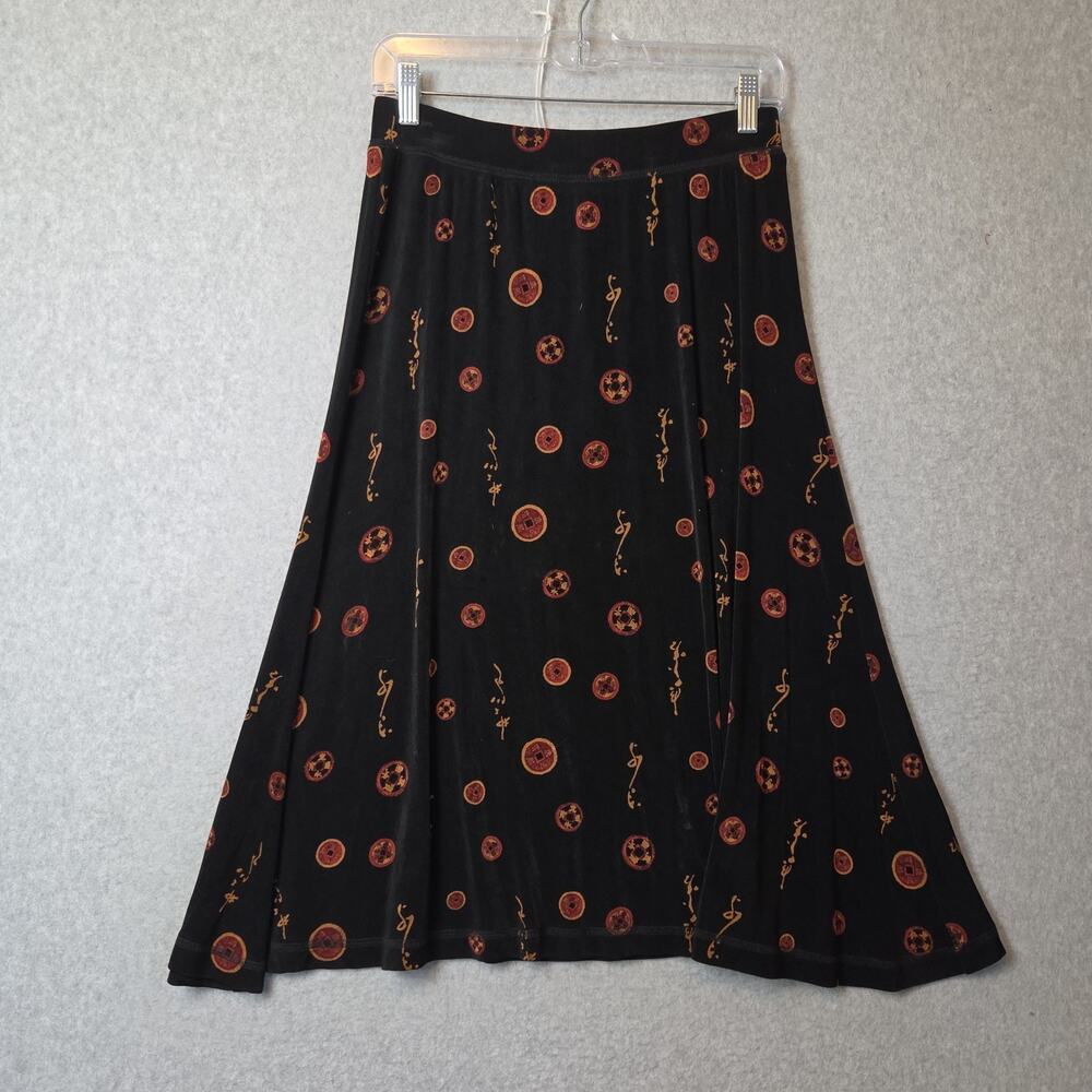 Chico's Travelers Black Asian Geometric Slinky Midi Skirt Women's 1 US Medium